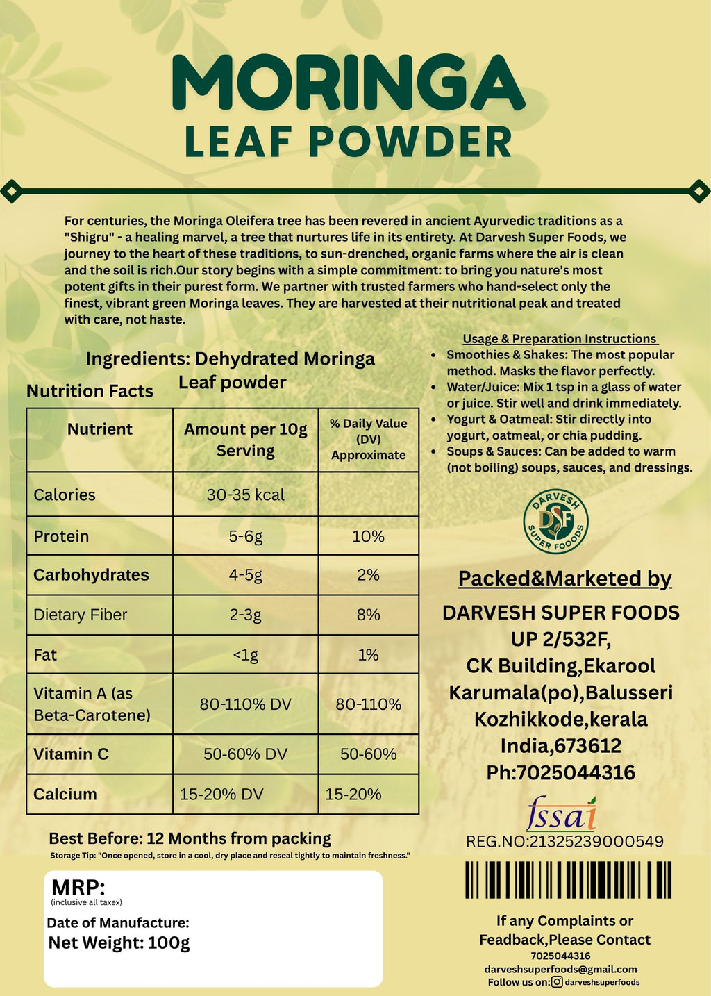 DARVESH SUPER FOODS I MORINGA POWDER 100(G)