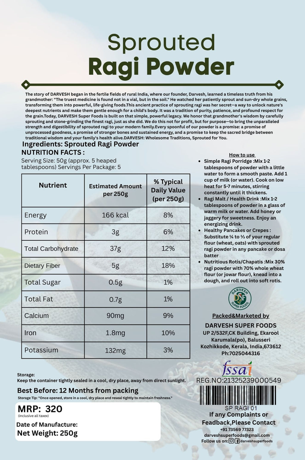 DARVESH SUPER FOODS I SPROUTED RAGI POWDER (250G)